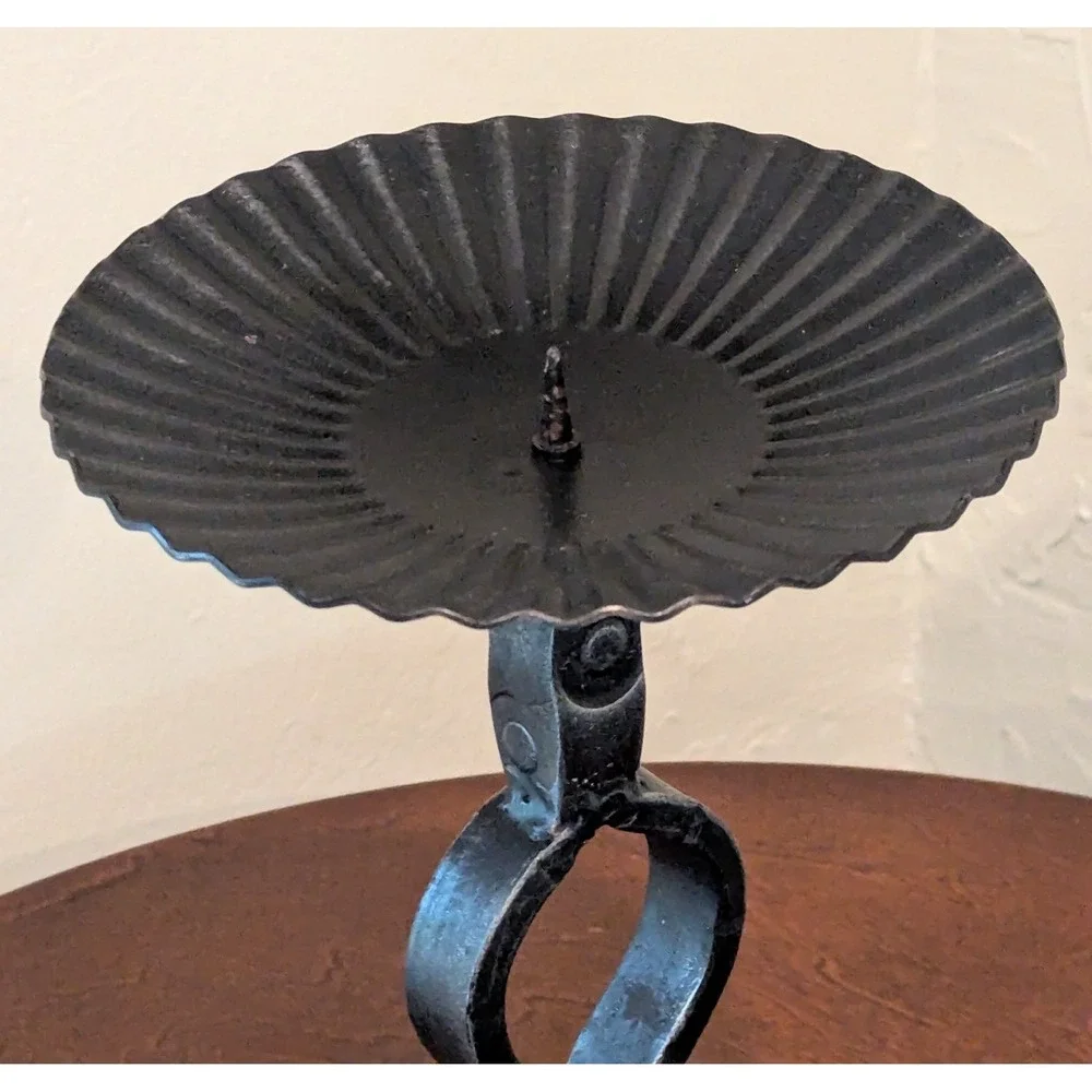 VTG Hand-Forged Black Iron Candle Holder Substantial Weight Scroll Design 13